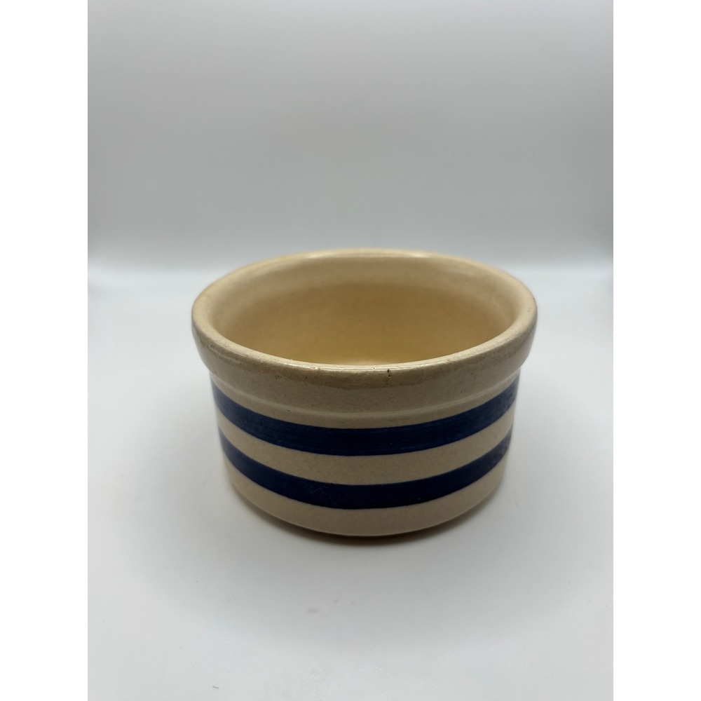 Vintage RRP Co Roseville Ohio Yellowware Stoneware Blue Stripe Crock Bowl 4.5in